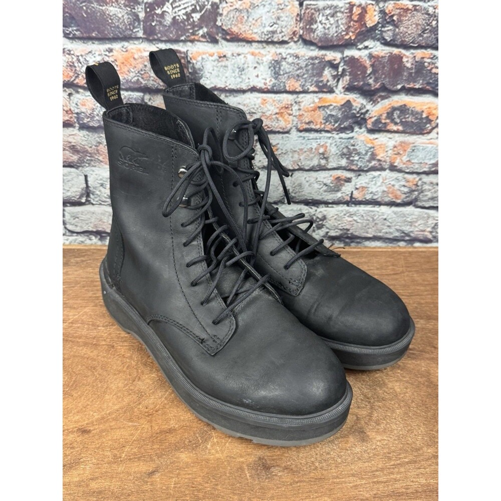 Sorel Women's Black Leather Hi-Line Lace Lug Soul Ankle Boots Combat Size 8